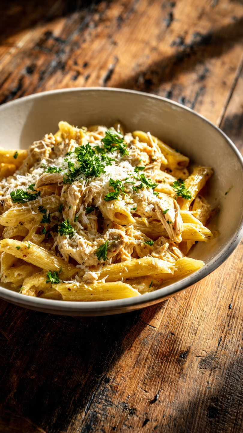 Creamy Shredded Chicken Bacon Ranch Pasta
